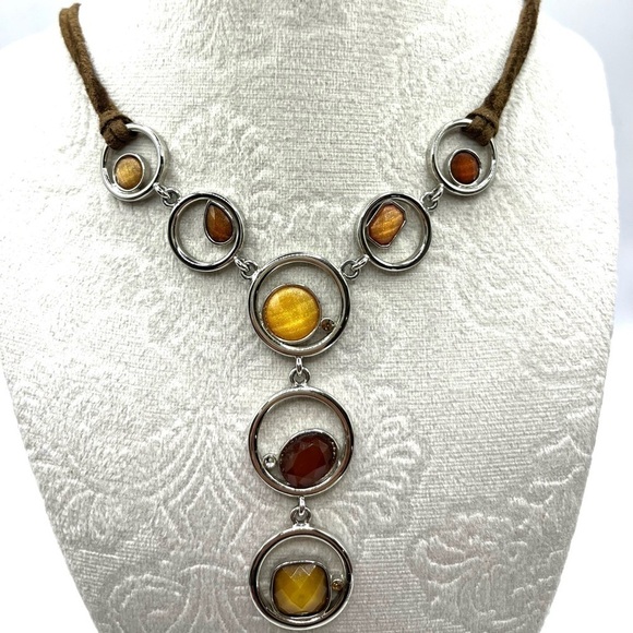 Lia Sophia Alex Y Necklace brown tone stones circle. Brown suede leather retired - Picture 1 of 8